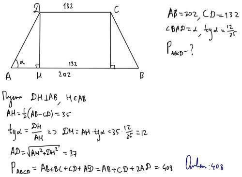 Основания равнобедренной трапеции равны 132 и 202.тангенс острого угла равен 12/35.найти периметр тр