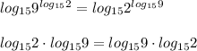 log_{15}9^{log_{15}2}=log_{15}2^{log_{15}9}\\ \\ log_{15}2\cdot log_{15}9=log_{15}9\cdot log_{15}2