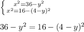 \left \{ {{x^2=36-y^2} \atop {x^2=16-(4-y)^2}}\right.\\\\36-y^2=16-(4-y)^2