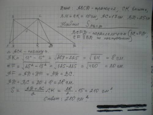 Высота трапеции равна 15 см , а ее диагонали равны 17 см и 25 см. найти площадь трапеции.