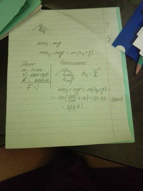 Скакой силой тело давит в верхней точке выпуклого моста,если его масса 80 кг,скорость движения 200 м