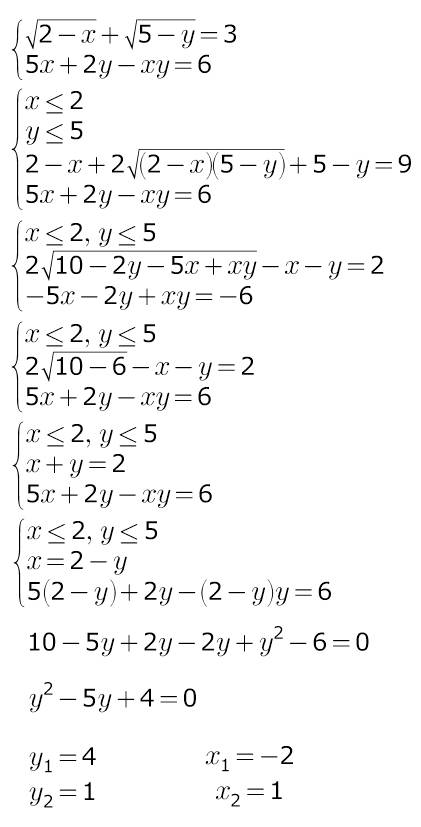 Решите систему уравнений: 1 уравнение- корень из (2-х)+ корень из (5-у)=3 2 уравнение- 5х+2у-ху=6 и