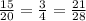 \frac{15}{20} = \frac{3}{4} = \frac{21}{28}