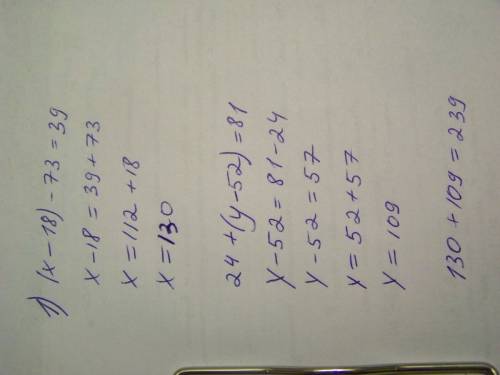 Найдите сумму корней уравнений: 1) (х-18)-73=39 и 24 +(у-52)=81 2) (65-х)+14=51 и (у+16)+37=284 кто