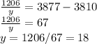 \frac{1206}{y} = 3877 - 3810 \\ \frac{1206}{y} =67 \\ y=1206/67=18