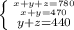 \left \{ {{x+y+z=780} \atop {x+y=470}} \atop {y+z=440}} \right.