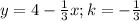 y=4- \frac{1}{3}x; k=- \frac{1}{3}