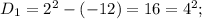 D_1=2^2-(-12)=16=4^2 ;