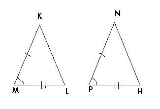 даны два трекгольника и известно , что km=np,lm=hp и угол м = углу р. запишите обозначения этих тре