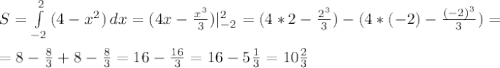 S= \int\limits^2_{-2} {(4-x^2)} \, dx =(4x- \frac{x^3}{3} )|^2_{-2}=(4*2- \frac{2^3}{3})-(4*(-2)- \frac{(-2)^3}{3})=\\\\=8- \frac{8}{3}+8- \frac{8}{3}=16- \frac{16}{3}=16-5 \frac{1}{3}=10 \frac{2}{3}