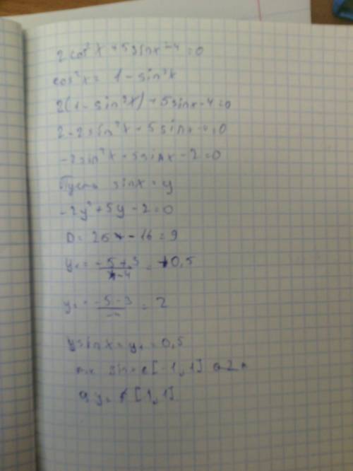 2cos²x +5sinx-4=0 пож , только полный ответ