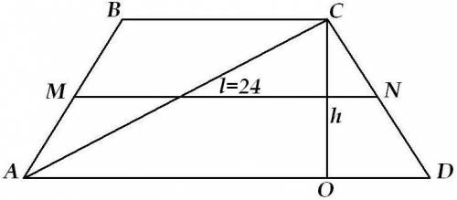 Длина средней линии равнобедренной трапеции равна 24, а ее площадь 240, найти длину диагонали трапец