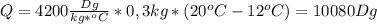 Q=4200 \frac{Dg}{kg*^oC}*0,3kg*(20^oC-12^oC)=10080Dg