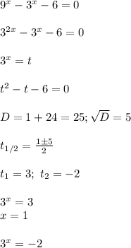 9^x-3^x-6=0\\\\&#10;3^{2x}-3^x-6=0\\\\&#10;3^x=t\\\\&#10;t^2-t-6=0\\\\&#10;D=1+24=25; \sqrt{D}=5\\\\&#10;t_{1/2}= \frac{1\pm5}{2}\\\\&#10;t_1=3; \ t_2=-2\\\\&#10;3^x=3\\&#10;x=1\\\\&#10;3^x=-2