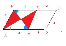 Впараллелограмме abcd стороны ab и ac равны 4 и 7 соответственно. биссектрисы ak и bm углов параллел