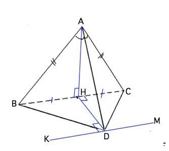 Втетраэдре abcd угол dac = углу dab. ab=ac.найти угол между прямыми ad и bc.