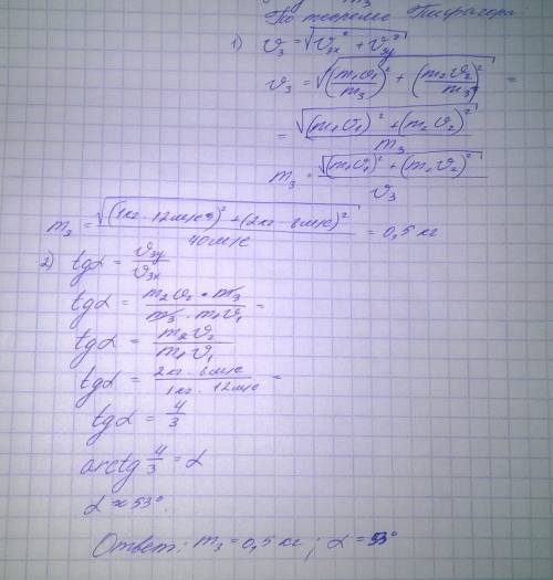 При взрыве камень разорвался на 3 части. 2 осколка летят под прямым углом друг к другу: m(1осколка)=