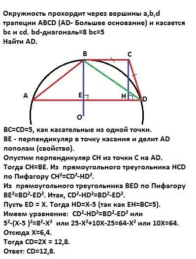 Окружность прохордит через вершины a,b,d трапеции abcd. ad- большее основание и касается bc и cd. bd