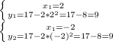 \left \{ {{x_1=2} \atop {y_1=17-2*2^2=17-8=9}} \right. \\ \left \{ {{x_1=-2} \atop {y_2=17-2*(-2)^2=17-8=9}} \right.