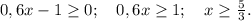 0,6x-1\geq0;\quad0,6x\geq1;\quad x\geq \frac{5}{3}.