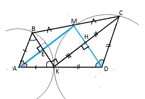 Дан выпуклый четырехугольник abcd такой, что ad = ab + cd.биссектриса угла a проходит через середину