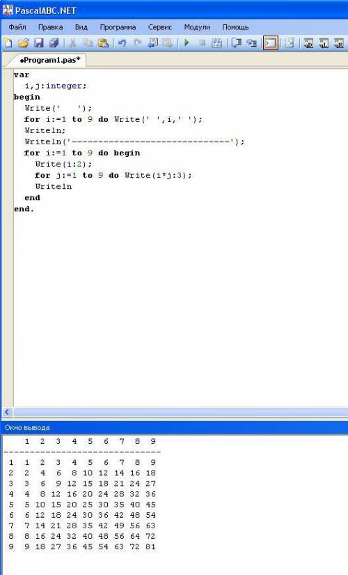 Надо вывести на экран в столбик всю таблицу умножения в pascal abc