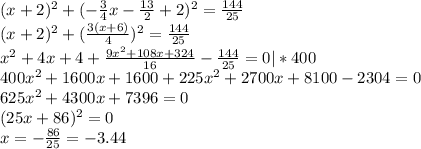 (x+2)^2+(-\frac{3}{4}x-\frac{13}{2}+2)^2=\frac{144}{25}\\(x+2)^2+(\frac{3(x+6)}{4})^2=\frac{144}{25}\\x^2+4x+4+\frac{9x^2+108x+324}{16}-\frac{144}{25}=0|*400\\400x^2+1600x+1600+225x^2+2700x+8100-2304=0\\625x^2+4300x+7396=0\\(25x+86)^2=0\\x=-\frac{86}{25}=-3.44