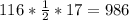 116* \frac{1}{2}*17= 986