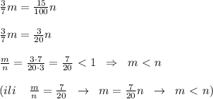 \frac{3}{7} m= \frac{15}{100} n\\\\\frac{3}{7}m=\frac{3}{20}n\\\\\frac{m}{n}=\frac{3\cdot 7}{20\cdot 3}=\frac{7}{20}\ \textless \ 1\; \; \Rightarrow \; \; m\ \textless \ n\\\\(ili\; \; \; \; \frac{m}{n}=\frac{7}{20}\; \; \to \; \; m=\frac{7}{20}n\; \; \to \; \; m\ \textless \ n)\\