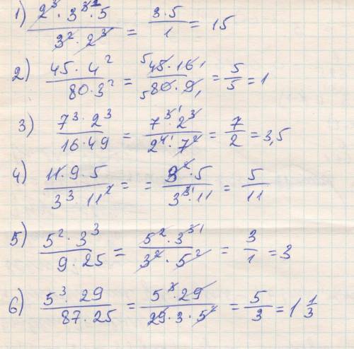 Сократите дробь: 1) 2³*3³*5/3²*2³ ; 2) 45*4²/80*3² ; 3) 7³*2³/16*49 ; 4)11*9*5/3³*11² ; 5) 5²*3³/9*2