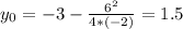 y_0=-3-\frac{6^2}{4*(-2)}=1.5