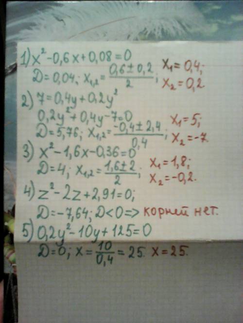 Решите . не понял тему.. 1)х(2)-0,6х+0,08=0 2)7=0,4у+0,2у(2) 3)х(2)-1,6х-0,36=0 4)z(2)-2z+2,91=0 5)0