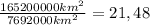 \frac{165 200 000 km^2}{7 692 000km^2}=21,48