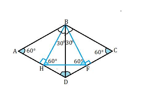 Вромбе abcd угол a=60 градусов, bh,bf-высоты. вычислите площадь ромба, если периметр hbf-равен 12 см