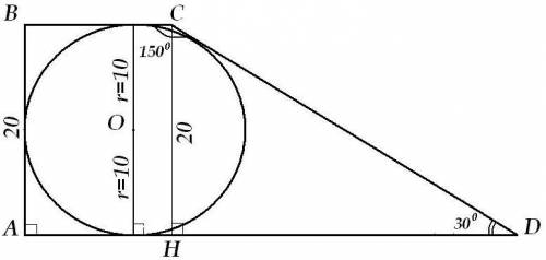 Впрямоугольную трапецию с тупым углом 150 градусов вписана окружность радиусом 10 см, найти периметр