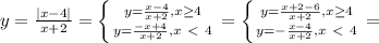 y= \frac{|x-4|}{x+2} = \left \{ {{y= \frac{x-4}{x+2}}, x \geq 4 \atop {y= \frac{-x+4}{x+2}}, x\ \textless \ 4}} \right. = \left \{ {{y= \frac{x+2-6}{x+2}}, x \geq 4 \atop {y= -\frac{x-4}{x+2}}, x\ \textless \ 4}} \right. = \\