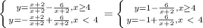 \left \{ {{y= \frac{x+2}{x+2}-\frac{6}{x+2}}, x \geq 4 \atop {y= -\frac{x+2}{x+2}+\frac{6}{x+2}}, x\ \textless \ 4}} \right. = \left \{ {{y= 1-\frac{6}{x+2}}, x \geq 4 \atop {y= -1+\frac{6}{x+2}}, x\ \textless \ 4}} \right.