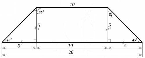 Тупой кгол равнобедренной трапеции равен 135°, а основания равны 10см и 20см. найдите площадь трапец