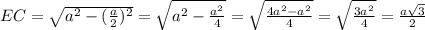 EC= \sqrt{a^2-( \frac{a}{2})^2}=\sqrt{a^2-\frac{a^2}{4}}= \sqrt{ \frac{4a^2-a^2}{4}}=\sqrt{ \frac{3a^2}{4}}= \frac{a \sqrt{3}}{2}