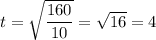 t = \sqrt{ \dfrac{160}{10} } = \sqrt{16} = 4