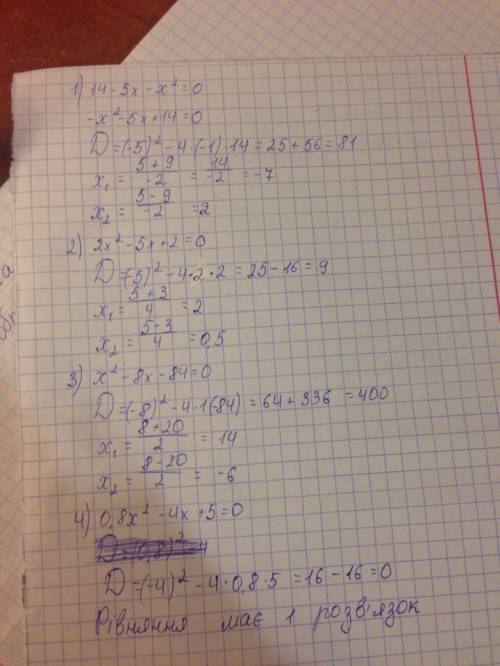 Решите уравнения: 1) 14-5х-х^2=0 2) 2х^2-5х+2=0 3) х^2-8х-84=0 4) 0,8х^2-4х+5=0