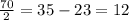 \frac{70}{2} =35-23=12