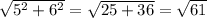 \sqrt{5^{2}+ 6^{2} } = \sqrt{25+36} = \sqrt{61}