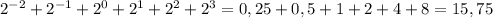 2^{-2} + 2^{-1} + 2^{0} + 2^{1} + 2^{2} + 2^{3} = 0,25 + 0,5 + 1 + 2 + 4 + 8 = 15,75