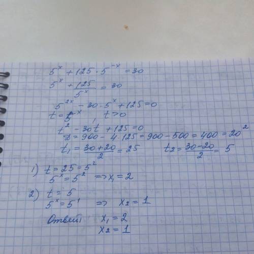 Показательное уравнение 5^x+125*5^(-x)=30