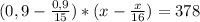 (0,9- \frac{0,9}{15})*(x- \frac{x}{16} )=378