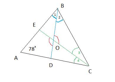 Втреугольнике abc угол a равен 78 градусов, биссектрисы bd и ce пересекаются в точке o . найдите уго