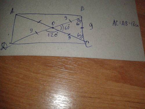 Впрямоугольнике один из углов,образованных диагоналями,равен 120 а меньшая сторона прямоугольника ра