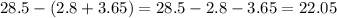 28.5-(2.8+3.65)=28.5-2.8-3.65=22.05