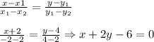 \frac{x-x1}{x_1-x_2} = \frac{y-y_1}{y_1-y_2} \\\\&#10; \frac{x+2}{-2-2} = \frac{y-4}{4-2} \Rightarrow x+2y-6=0